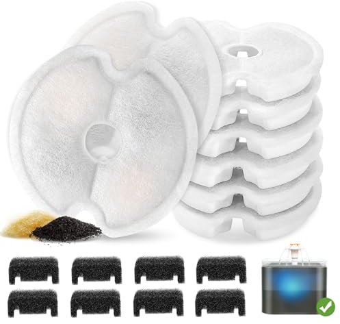 VinDox Filter für Katzenbrunnen, 8 Stück Katzenbrunnen Filter + 8 Schwämme Filter für 2.5L LED Katzenbrunnen mit Harz und Aktivkohle für Katzen und Hunde, Dreifach-Filterung Katzenbrunnen Filter