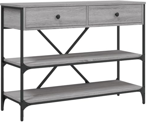 vidaXL Konsolentisch, Beistelltisch mit Schubladen Ablagen, Wohnzimmertisch Tisch mit Stahlgestell, Ablagetisch Flurtisch, Grau Sonoma