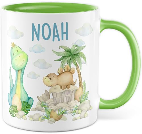 Dino Tasse personalisiert - Geschenk Dinosaurier Becher für Kinder - Kakaotasse 330ml aus Keramik - Kind Junge Geschenkidee süße Dinotasse eigener Name Kindergarten-Tasse (Weiß/Grün)