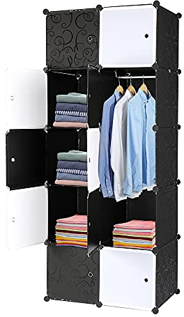 TactFire Kleiderschrank aus Kunststoff, 10 Würfel, Modulare Kleiderschränke für Platzsparendes, Kinderkleiderschrank, Garderobenschrank, 70 x 45 x 175 cm, Schwarze und weiße Tür