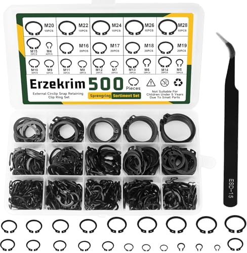 Sprengring Sortiment Sicherungsring Set C-clips 500 Stück 21 Verschiedene Größen 4M-28M Sprengring Set Sicherungsringe Schwarz mit Kunststoffbox (Schwarz)