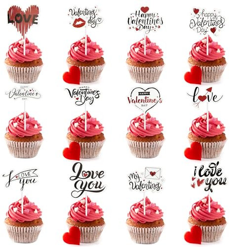 Valentines Cupcake Toppers, 24 PCS Red Black Sweet Valentines Cake Toppers Love Heart Cupcake Decorations for Valentine Theme Wedding Engagement Bridal Shower Party Cake Decorations A4HHXCP