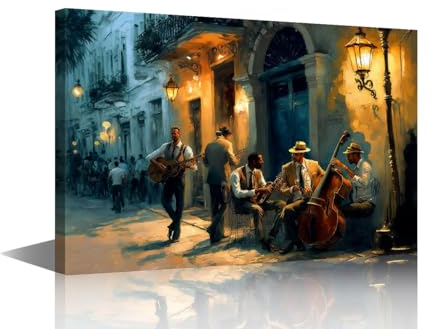 TISHIRON Leinwandkunst, Wanddekoration, Illustration der Jazz-Band, Havanna-Straße, Ölgemälde, Vintage-Kunstdrucke, Poster für Wohnzimmer, Schlafzimmer, Wandkunst-Dekor, gerahmt, fertig zum Aufhängen,