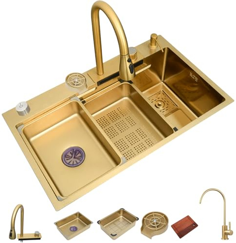 KOOGIMDDR Gold Edelstahl Küchenspüle Mit Wasserfall Wasserhahn Set 75×46cm Schwarzes Bauernhaus Waschbecken Workstation Spüle Mit Cup Washer Abnehmbares Becken Schneidebrett