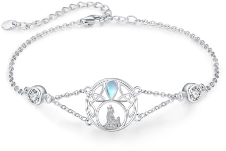 Wolf Armband Damen Sterling Silber Keltische Mondstein Armband Tier Verstellbar Armband Schmuck Geschenk für Mädchen