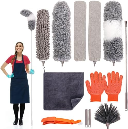 SOUJOY 12 PCS Microfiber Duster Kit for Cleaning, Feather Dusters for High Ceiling with 30-70'' Extension Pole, Bendable Reusable Washable Long Cobweb Duster for Cleaning Fan, Blinds, Furniture, Cars