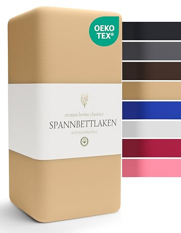 Strauss Home® Jersey Spannbettlaken Spannbetttuch Bettlaken 100% Baumwolle 140x220-160x220 cm Übergrösse Wasserbett Boxspringbett (Sand/Natur)