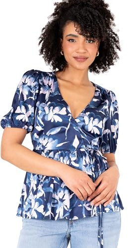 Lovedrobe Women's Women's Ladies Wrap Top Short Puff Sleeve V-Neck Floral Floral Print Peplum Satin Blouse Smart Casual Office Wear Blouse (Pack of 1)