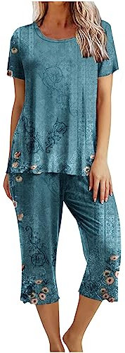 Womens Pyjamas Set UK Clearance, Ladies 2 Piece Outfits Loungewear Sets Short Sleeve T Shirts and Capri Pants Florals Print Nightwear Casual Comfort Sleepwear Elasticated Waist Pjs Gift for her