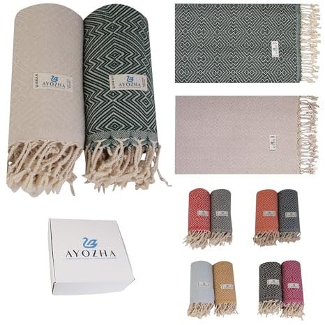 AYOZHA 2er Set Luxus Hamamtuch XXL 180x95 cm - 100% Baumwolle Schnelltrocknend Sandfrei vorgewaschen kompakt - Perfekt für Strand, Sauna, Picknick und Reise (Grün - Beige)