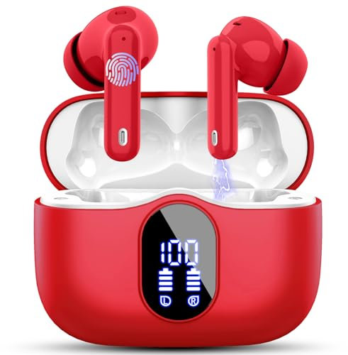 Wireless Earbuds, Bluetooth 5.4 Headphones In Ear with 4 ENC Mic, New Wireless Earphones Noise Cancelling Deep Bass, LED Display, Bluetooth Earbuds 36H Playtime, IP7 Waterproof Ear buds, USB-C, Red