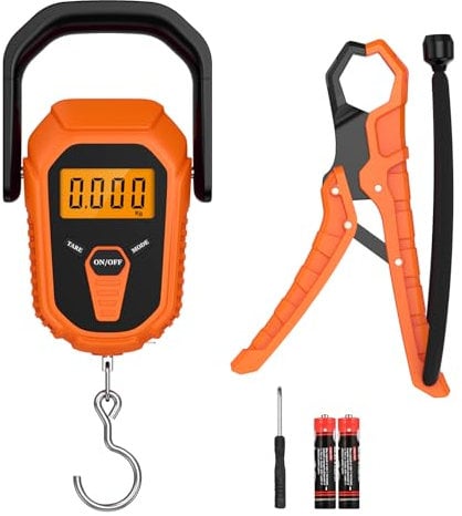 ORIA Balance de Pêche Numérique, 50kg/10g Balance Electronique avec Ruban à Mesurer, Balance à Bagages avec Écran LCD Rétroéclairé, Grande Poignée, Batterie Incluse - Orange