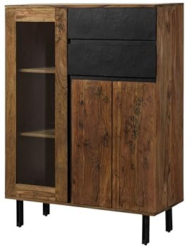 MASSIVMOEBEL24.DE | Highboard Lichtenberg #100 | Sheesham Massivholz Natur unbehandelt | 100x40x135 cm | Schrank, Kommode mit Blitzmuster | Vitrinenfach | Schiefer & Metallfüße