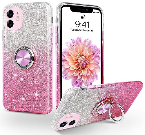 SouLips iPhone 12 Mini Case,Magnetic Car Mount Supported Slim Thin Glitter Sparkle with 360? Ring Holder Kickstand Shockproof Protective Women Girls Phone Cover for iPhone 12 Mini 5.4,Gradient Pink