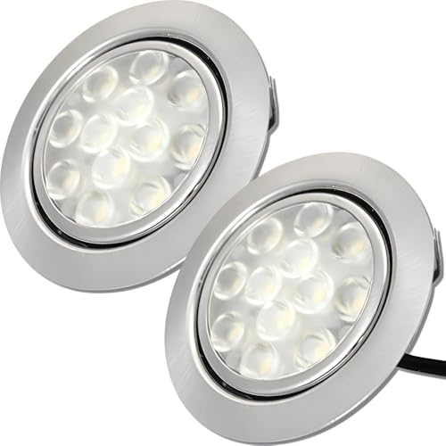 2 x 3W LED LED Einbauspot Lina 12V Einbaustrahler Edelstahl Gebürstet flach warmweiß 3200K 200lm Möbeleinbauleuchte für das Wohnzimmer, Küche, Spiegelschrank usw. Lochausschnitt 55-60 mm. D=65 mm ✅