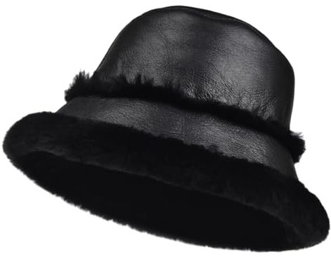 Harssidanzar Winter Fischerhüte für Männer und Frauen Lammfell Shearling Leder Warme Hüte Mützen Caps CU608EU, Glänzend Schwarz,Größe S