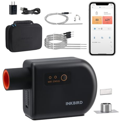 Inkbird Smoker Controller Fan, WiFi & Bluetooth Temperature Controller, 5.0m/S High Efficient Fan Automatically Adjust Fan Speed for Ceramic Smokers, Kamado, Vision Grill, 4 Probes with Carrying Case