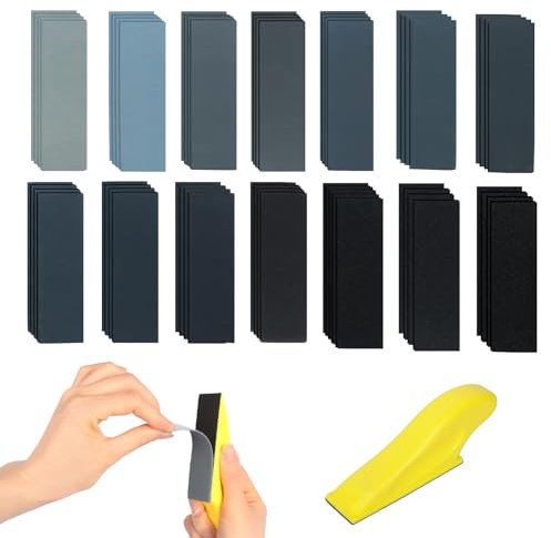 105Pcs Sand Paper Wet and Dry Sandpaper Kit Coarse to Fine 80-5000 Grit Mixed Assorted Sandpaper with 3.5 x 1 Inch Mini Hand Sanding Block for Car Wood Walls Detail Surface Sanding