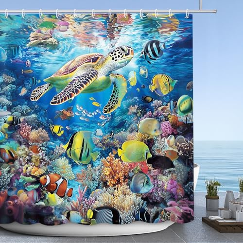 APROPHIC Ocean Theme Duschvorhang für Kinder Badezimmer Blau Meer Tier Dekoration Schildkröte Riff Fisch Badezimmer Duschvorhang Wasserdichter Stoff Duschvorhang Set mit Haken，180 x 180 cm