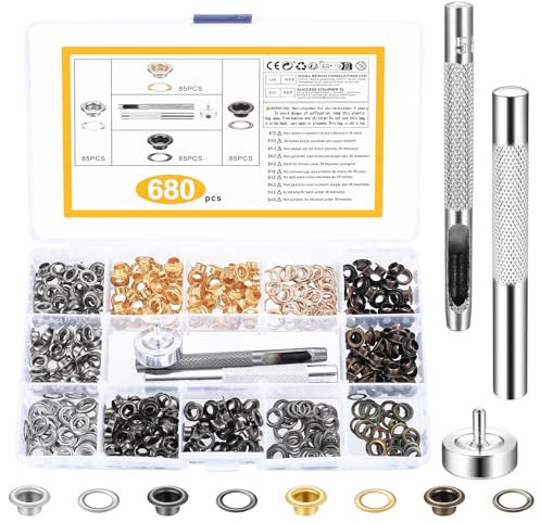 680 Kit Oeillet Couture, 5mm Trousse à Oeillets pour Baches, Kit Oeillets Couture, Œillets Métalliques, Oeillet de Rondelle Kit pour Bâche Tissu Cuir Tente, avec 3 Outil de Perforation d'oeillets