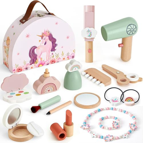 Atoylink Faux Maquillage Enfant Fille en Bois, Licorne Fille Kit Maquillage Enfant avec Coffret Maquillage & Accessoires de Coiffure, Malette Maquillage Jouet Cadeau pour Fille 3 4 5 6 Ans