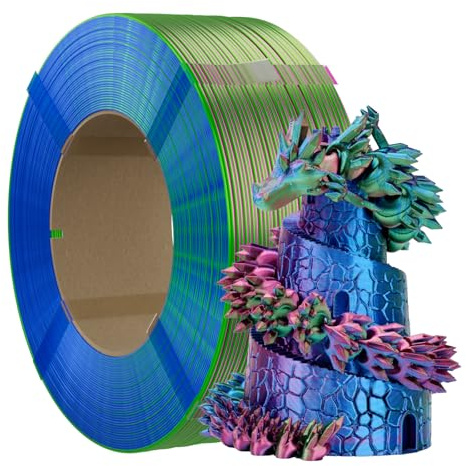 Conjure Seide PLA Refill Filament 1,75 mm Rot-Blau-Grün 1 kg | Spulenloses Zweifarbig-Filament mit Seidenoptik, Kompatibel mit wiederverwendbaren Spulen, Rot-Blau-Grün, 1 kg