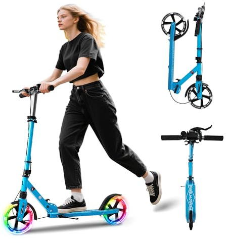 Welmotive Aluminium Cityroller klappbar höhenverstellbar mit Ständer & LED Rädern – Scooter für Kinder & Erwachsene bis 100 kg – Stabiler Tretroller Blau
