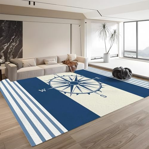 AUWUUA Waschbarer Vintage Kompass Teppich Wohnzimmer Marineblauer 140x200cm Streifen Mit Maritimem Motiv Rutschfester Teppich für Eingangsmatte Kinderzimmer Schlafzimmer Esszimmer Badezimmer Flur