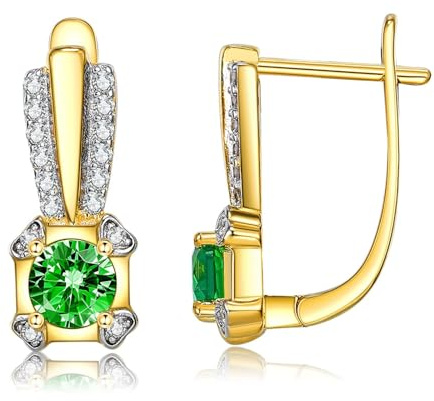 Tolldek 18 Karat 750 Gold Ohrstecker Frauen Echt Schmuck, Grün Tsavorite Linie Creolen, 18K Gelbgold Ohrringe Vintage mit Moissanit Echt Schmuck