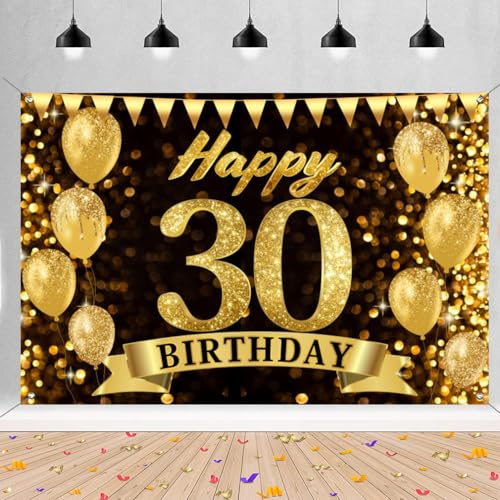30. Geburtstag Deko Mann, Happy 30th Birthday Banner Stoff Schild Plakat, 30. Geburtstag Hintergrund Banner, Geburtstagsfeier Willkommensschild, Schwarz und gold