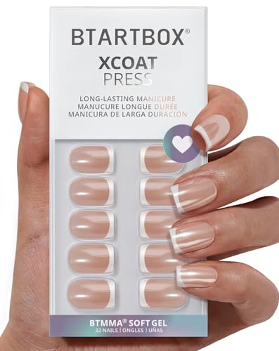 BTArtbox Press On Nails, Evening Attire, Short Square, Chrome French, 32Ct | Lichthärtend, 4 Wochen Haltbarkeit, Nägel Zum Aufkleben in Salonqualität, In 10 Mins Erledigt, 16 Größen, Nagel Tips Set