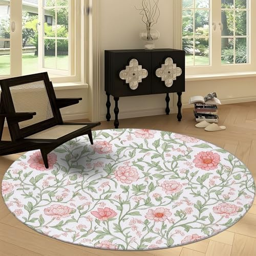 Generico Tappeto rotondo da 120 cm Tappeto Fiori Rosa Viticci, Antiscivolo Morbido lavabile in lavatrice Tappetini Rotondo Stile Country per soggiorno camera da letto cameretta dei bambini