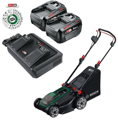 Bosch Cordless Lawn Mower ROTAK18V2-43 (Cutting Width: 43 cm, Height of Cut: 30-75 mm, 40 l Fabric Grass Bag, Mulch Plug, incl 2 x 18V Battery and Charger)