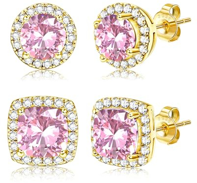 Dochais Orecchini Argento Sterling 925 Uomo Donna Diamante Zirconi Cubici | Orecchini Quadrati Rotondi Brillantino Set Orecchino a Lobo Ipoallergenici Placcati Oro 14K Simulato Halo Argento/Oro 2 Paia