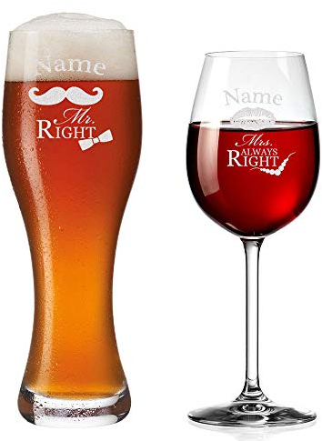 Weizenglas und Weinglas Personalisiert mit Gravur - Mr. & Mrs. Always Right mit Schnurrbart & Kussmund - Geschenk zur Hochzeit für Paare