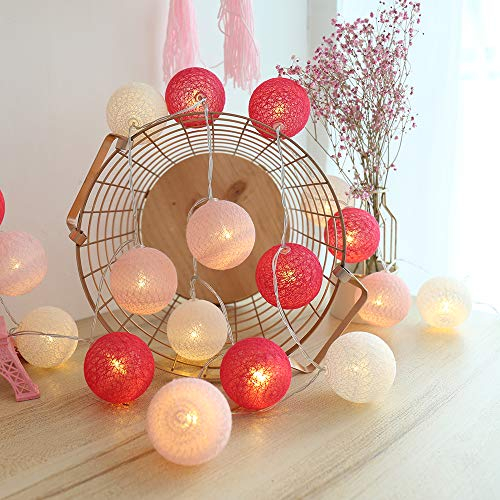 KWODE Lichterkette Rosa, Cotton Ball Lichterkette, USB & Batterie Betrieben, LED Kugel für Innen, Mädchen Teenager Baby Kinderzimmer Deko Terrasse Weihnachten Hochzeit Beleuchtung Ø 6CM Pink 20er 3.5M