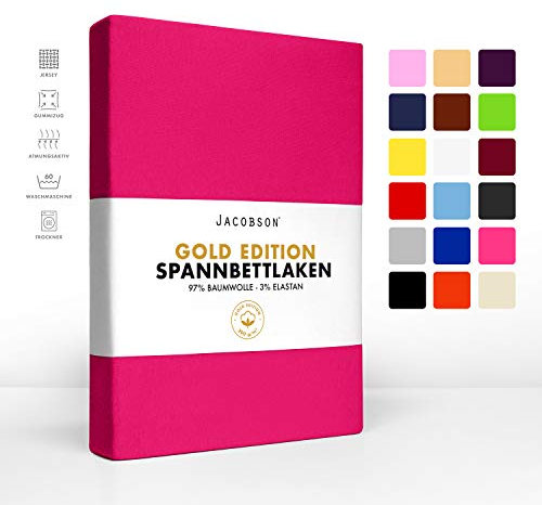 Jacobson Gold Edition Jersey Spannbettlaken Spannbetttuch Baumwolle mit ELASTAN ca. 200 g/m² (90-100 x 220 cm + 40cm, Pink)