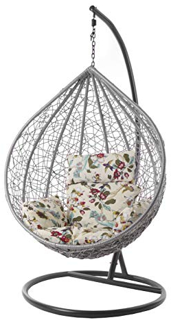Kideo® Komplettset: großer Hängesessel mit Gestell & Kissen, Lounge Möbel, Poly-Rattan, XXL, grau (Kissen: Elfenbein Gemustert Nest (0056 Ivory Birds))