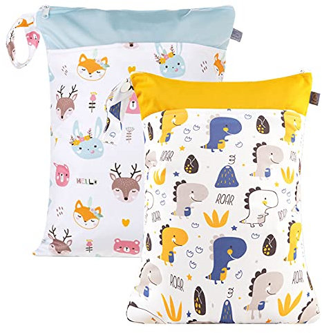 Happy Cherry 2er Pack Nasstaschen Groß Windelbeutel Waschbar Wet Bag Set für Stoffwindeln Stoffdruck Wickeltasche Unterwegs Kindergarten Dinosaurier Tier