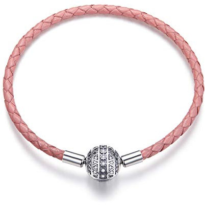 Bracciale in Pelle Rosa con ciondoli Bracciale in Argento Sterling 925 con Cuore da Ragazza con Chiusura Rotonda, Adatto per Gioielli con ciondoli Pandora, Regali per Ragazze e Donne (17cm/6.7in)