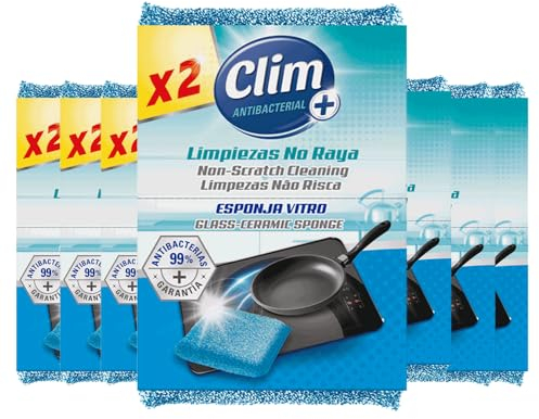 Clim Antibacterial Esponja para Limpiar Vitrocerámicas y Superficies Delicadas | Limpia sin rayar. Caja con 16 Esponjas en Paquetes de 2 Unidades | Cristal, Teflón, Cerámica y más.