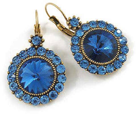 Boucles d'oreilles pendantes en verre bleu ciel 40 mm avec fermoir dormeuse/métal doré antique/d'inspiration vintage, Verre