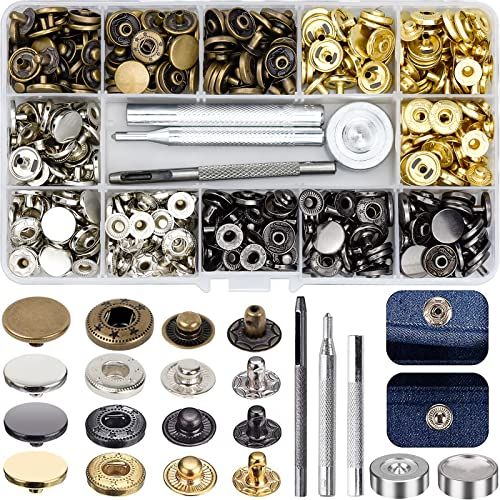 120 Pcs Corchetes de Presión Metálicos 4 Colores Botones de Presión Remaches de Cuero con 4 Piezas de Herramientas de Sujeción para Prendas de Artesanía en Cuero (12 mm)