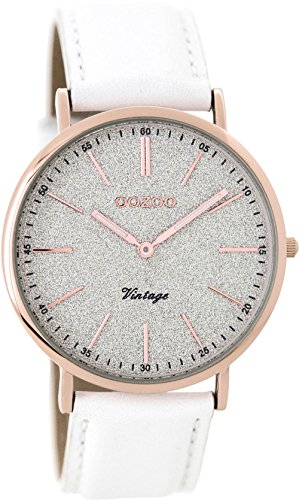 Oozoo Vintage Damenuhr mit Lederband Flach 40 MM Rose/Glitzer/Weiß C8191