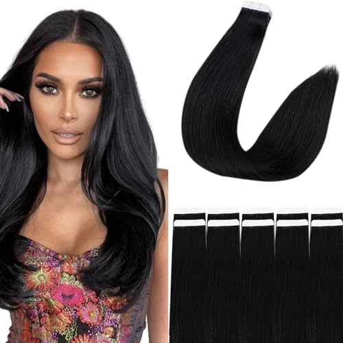 RUNATURE Virgin Tape Extensions Echthaar Schwarz 50cm Unsichtbare Tape in Extensions Echthaar Glatt Menschliches Haar 10 Stück Echthaar Extensions Virgin Tape 25g #1