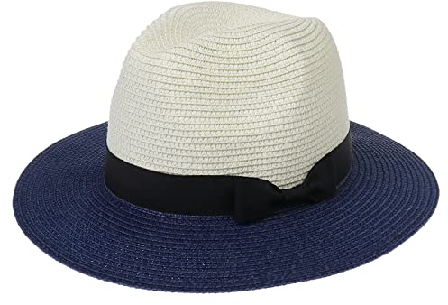 JK Home Femme Panama Bicoloe Large Bord Chapeau de Paille Homme Fedora Capeline Sport Plage Voyage Beige Bleu