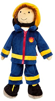 SIGIKID 42859 Lernpuppe Feuerwehrmann, Plüsch Anziehpuppe, Kleidung an-&ausziehen: Knöpfe, Klett, Reißverschluss: spielen, lernen, kuscheln - für Kinder ab 12 Monaten, Mehrfarbig/Feuerwehrmann 45 cm