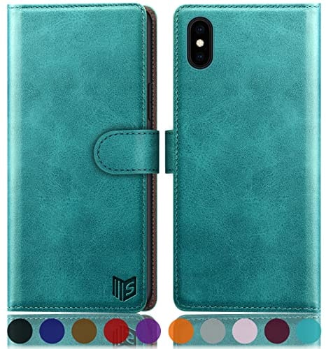 SUANPOT [RFID Schutz für iPhone XS Max 6,5-Zoll Hülle PU Leder Handyhülle Lederhülle Klapphülle Kartenfach Flip Cover für Apple XS Max Handy hülle Leather Wallet Phone Case Blau Grün