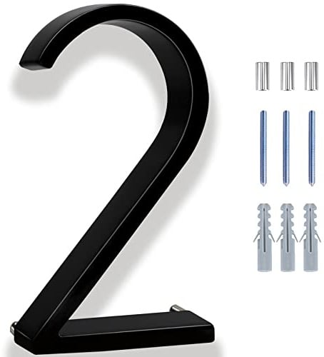 6 Inch Large Modern House Numbers For Outside, Address Numbers For House, Zinc Alloy Black Metal Floating Sign House Number With Nail Kit For Mailbox Door Home(Large 2)