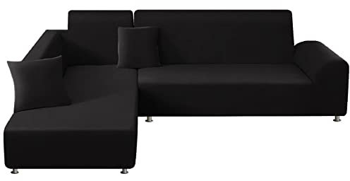 ShowyLive Sofa Überzug Ecksofa L Form Couch Überzug 2er Set Elastische Stretch mit 2 Stück Kissenbezug, Sofaüberwürfe Universal-Couchbezug 2 Sitzer+2 Sitzer, Schwarz